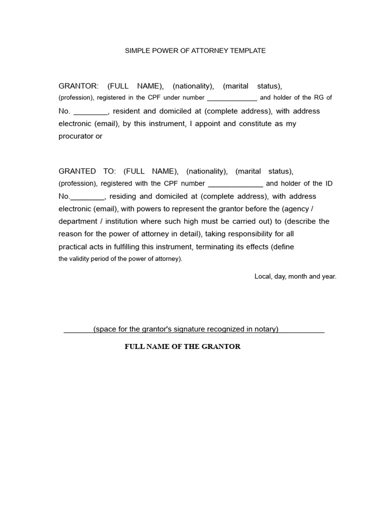 Simple Power of Attorney Template | PDF