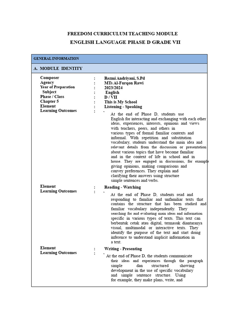 Grade VII English Curriculum Module | PDF | English Language | Teachers