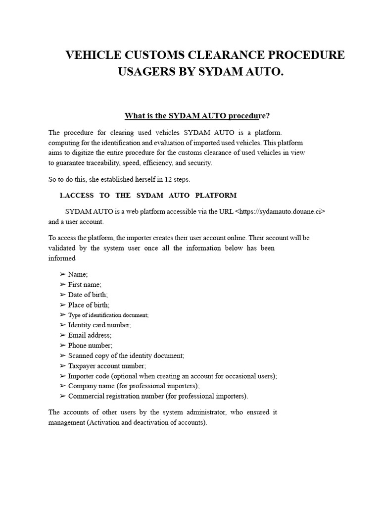 SYDAM AUTO procedure | PDF | Identity Document | Customs