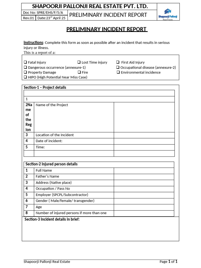 Spre Ehs f 5 a Preliminary Incident Report Form | PDF