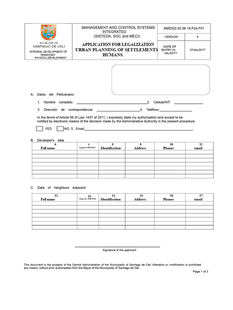 Urban Settlement Legalization Form | PDF | Identity Document | Government
