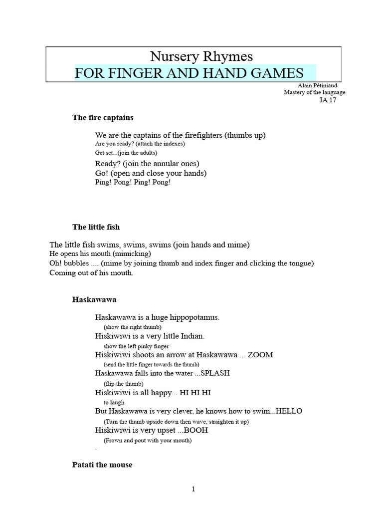 Engaging Finger and Hand Games Rhymes | PDF | Hand | Finger