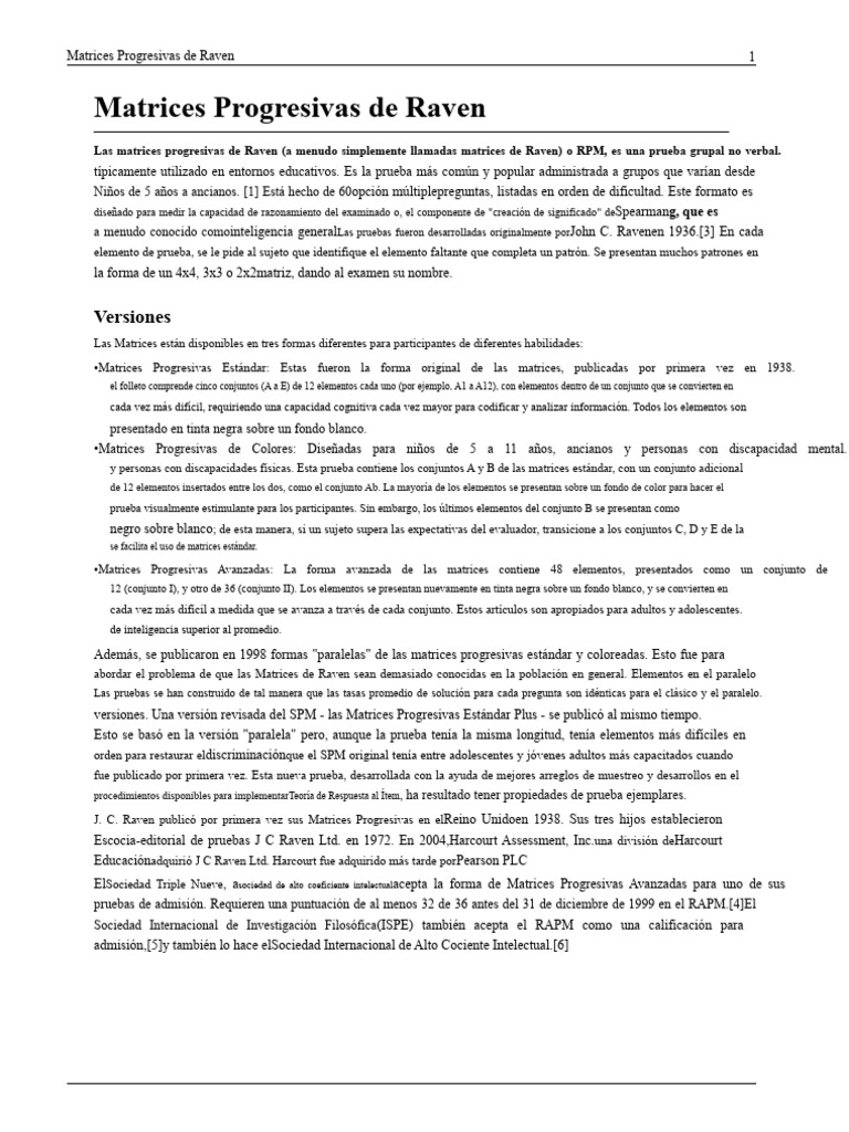 Matrices Progresivas de Raven: Tipos y Usos | PDF | Cociente de ...
