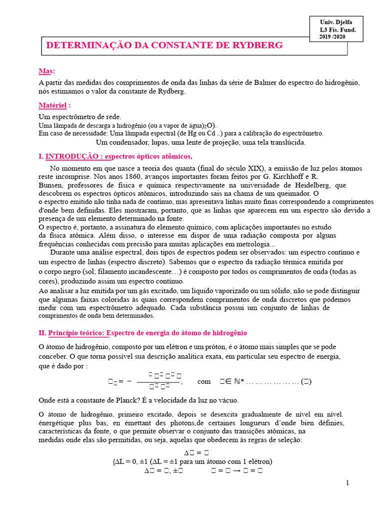 Determinação da Constante de Rydberg | PDF | Espectro | Elétron