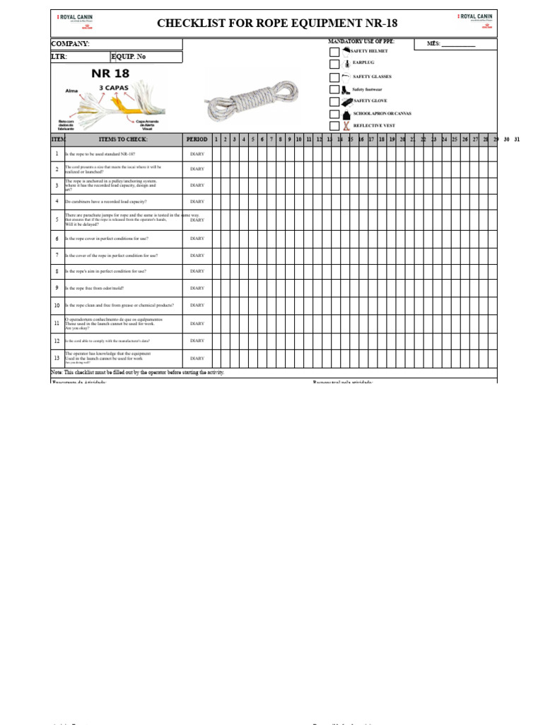 Rope Check List Nr-18 | PDF | Personal Protective Equipment | Wear