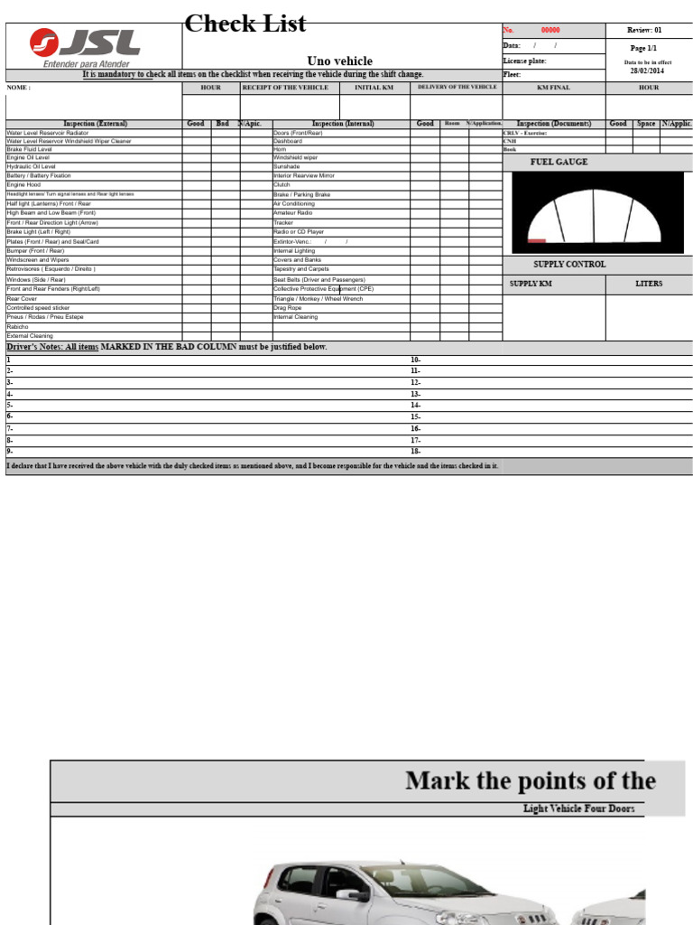 Vehicle Inspection Checklist Template | PDF | Headlamp | Car
