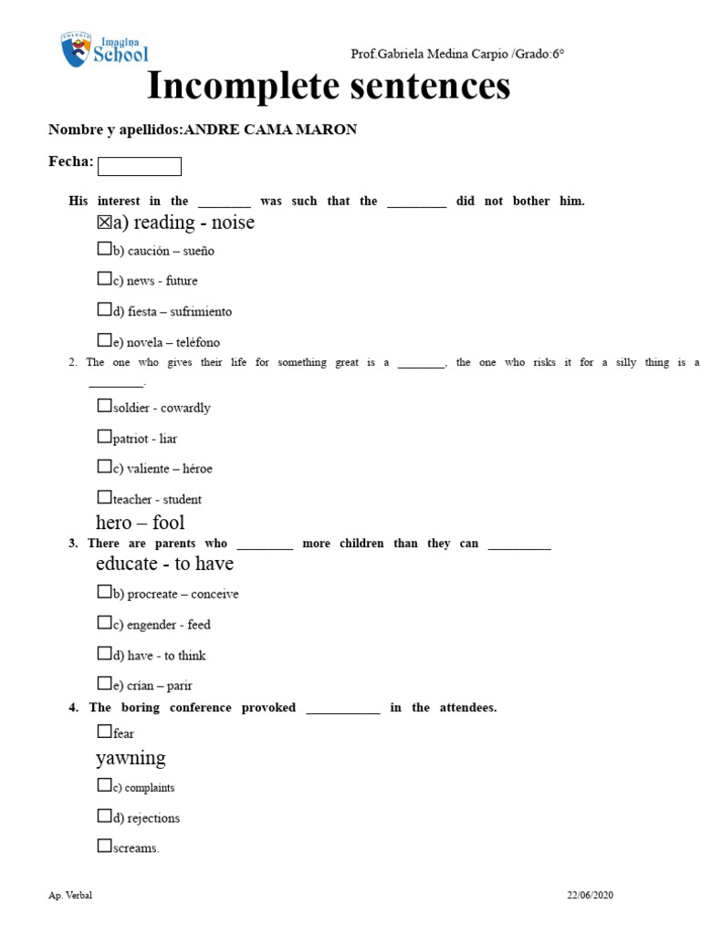 Incomplete Sentences Exercise for Grade 6 | PDF | Science