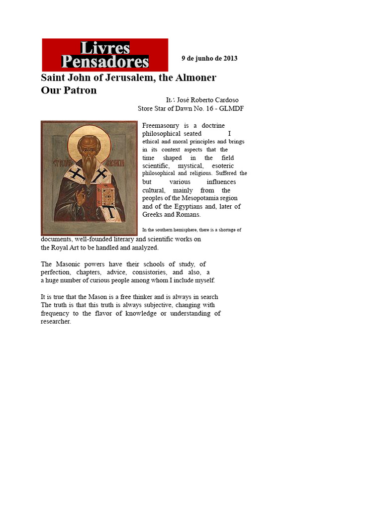 Saint John of Jerusalem - The Almsgiver (1) | PDF | Freemasonry ...