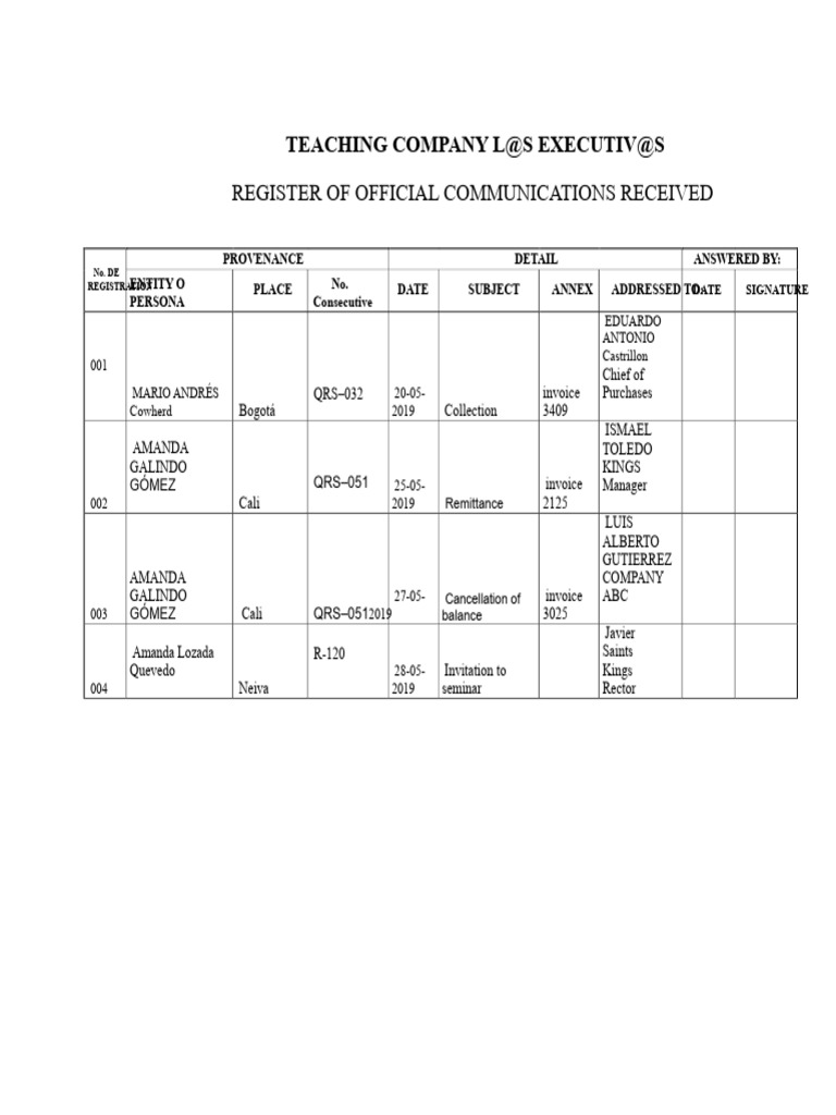 Formats For Received and Dispatched Correspondence | PDF
