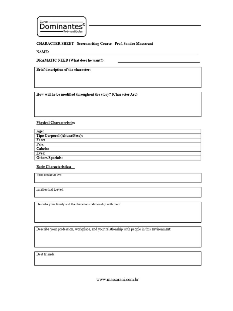 Character Sheet for Screenwriting Course | PDF