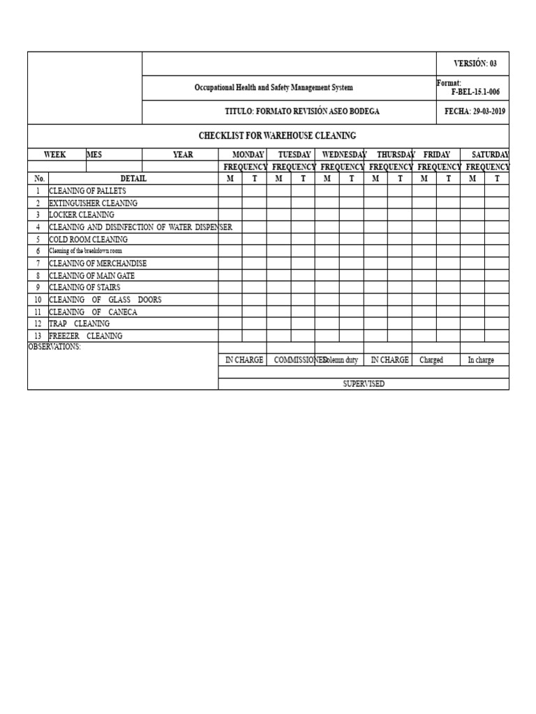 Warehouse Cleaning Checklist Template | PDF