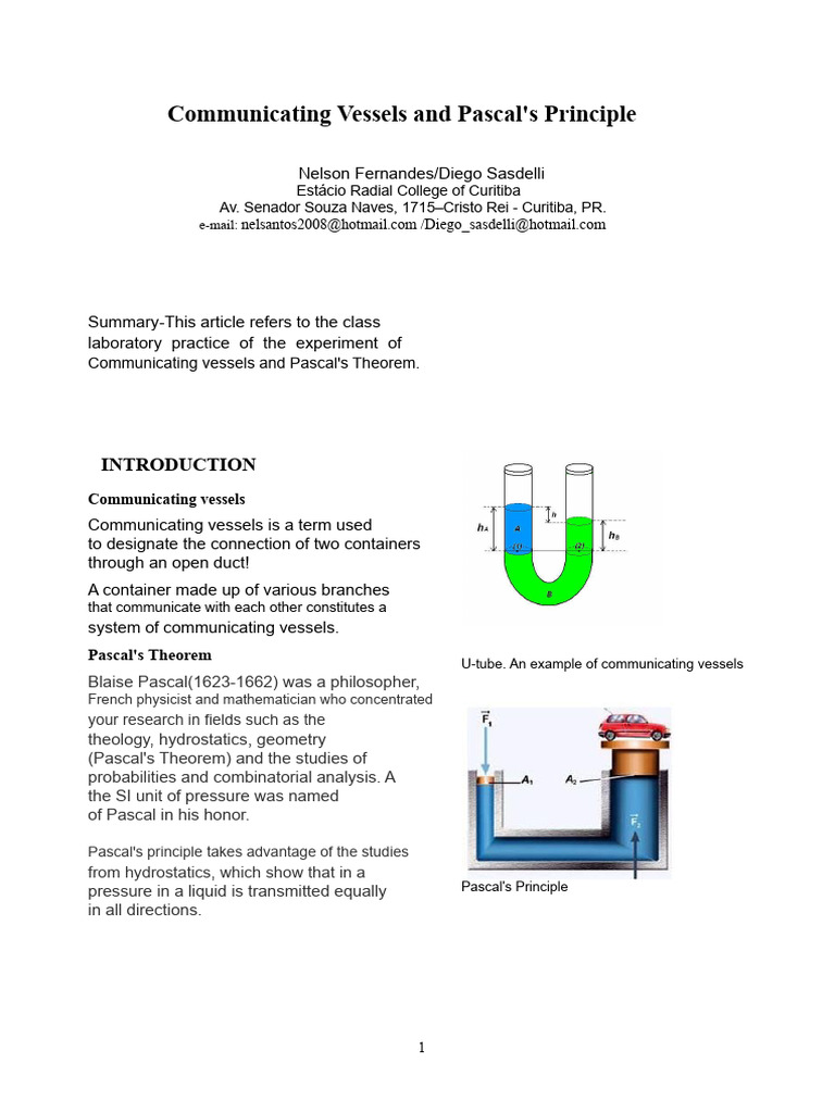 Communicating Vessels | PDF | Pressure | Force