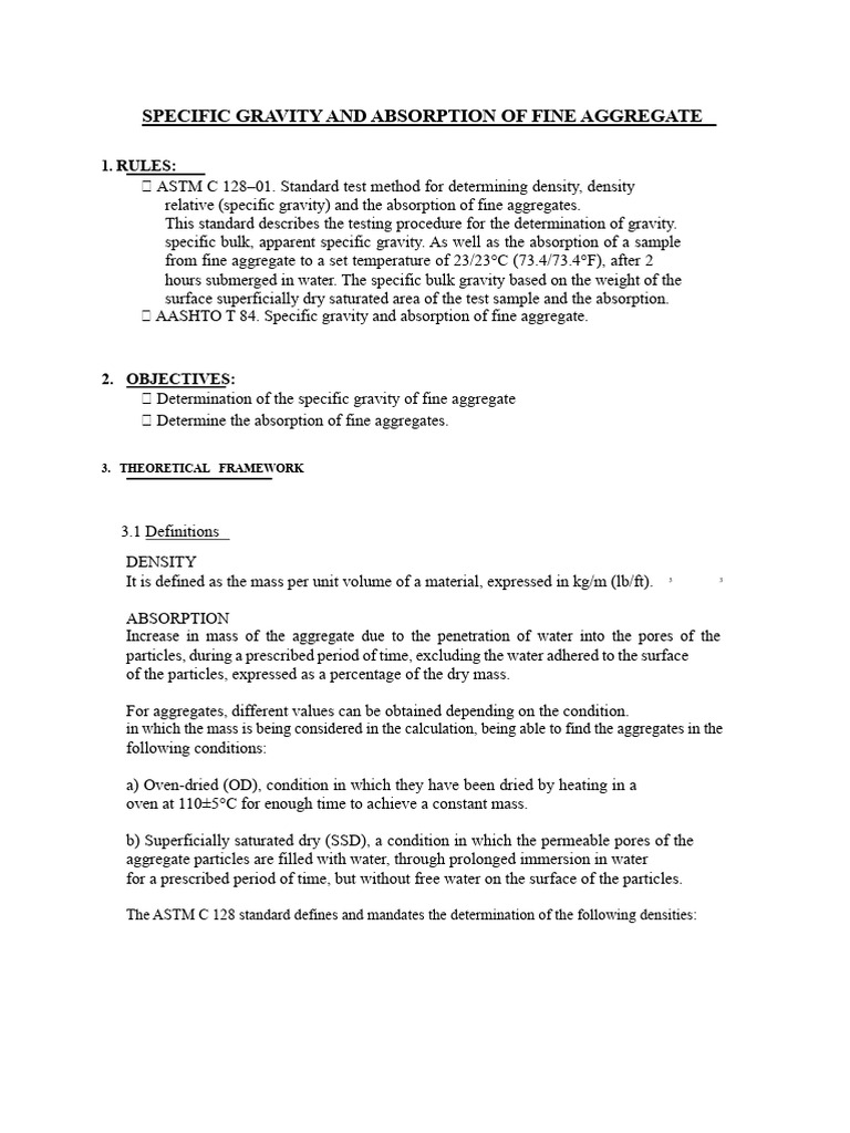 Specific Gravity & Absorption of Fine Aggregate | PDF | Density ...