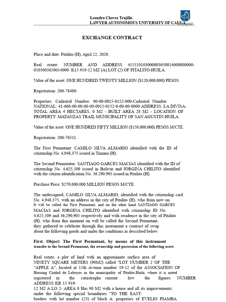 Real Estate Exchange Contract Pitalito | PDF | Private Law | Justice