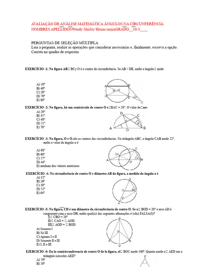 Exercícios de Ângulos na Circunferência | PDF