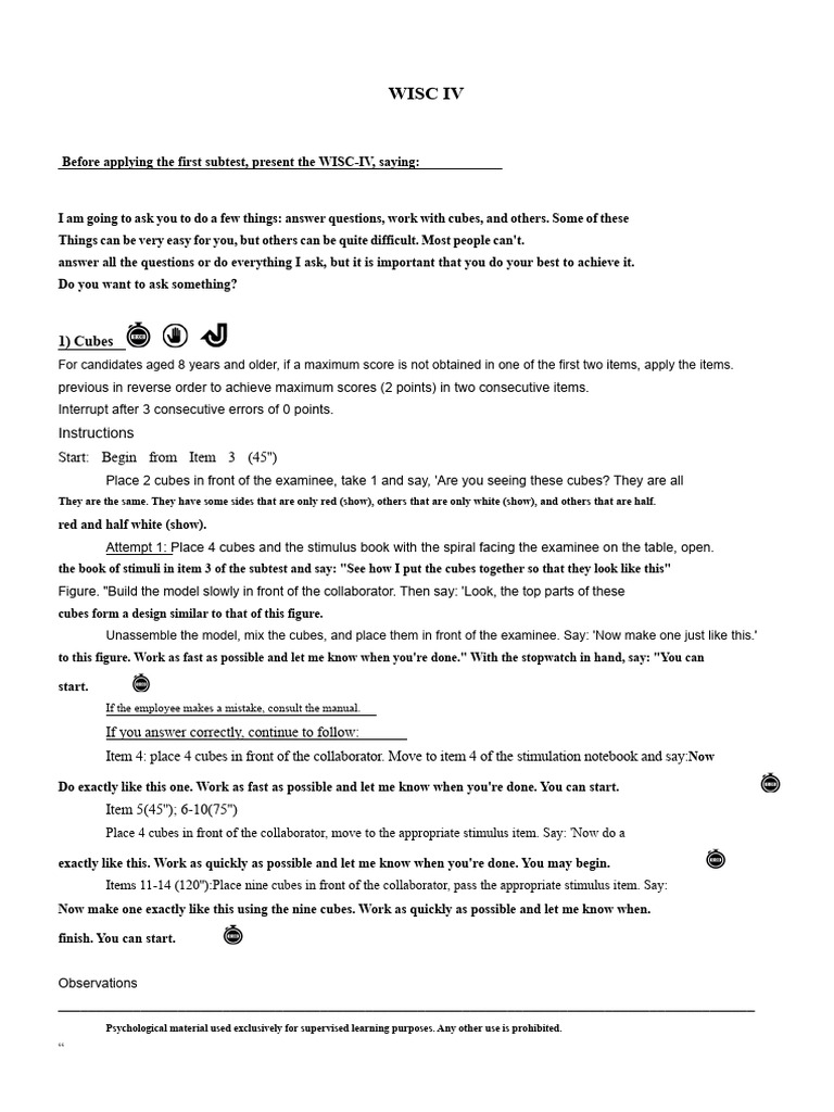 WISC-IV Assessment Instructions | PDF