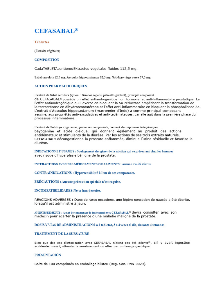 CEFASABAL® : Traitement Prostatique et Urinaire | PDF | Spécialités ...
