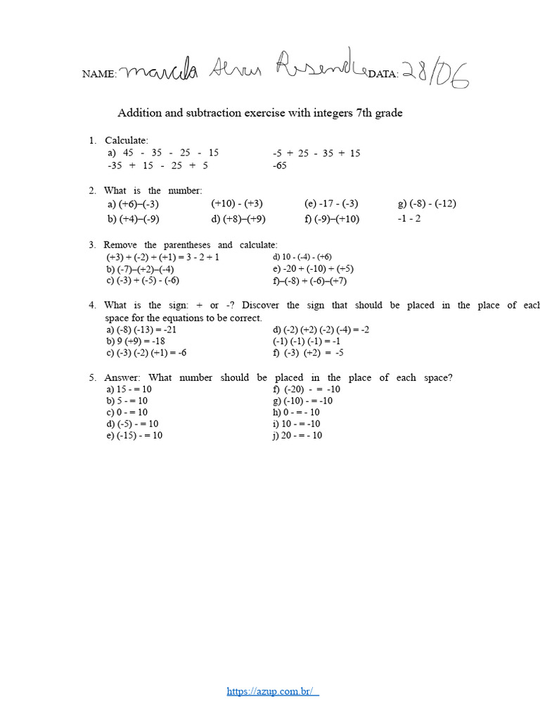 PDF Exercise of Addition and Subtraction With Integer Numbers 7th Grade ...