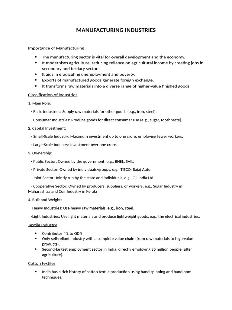 Importance of Manufacturing Industries | PDF | Jute | Textiles