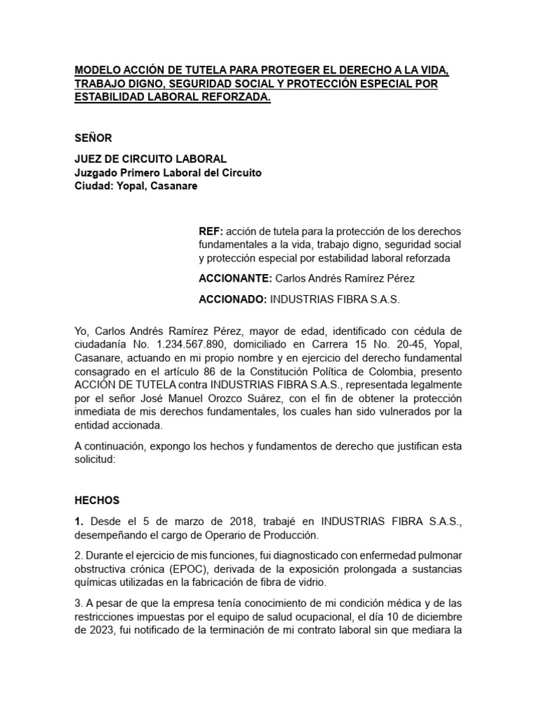 ACT4. MODELO ACCION DE TUTELA - LEGISLACIÓN | PDF | Derecho laboral ...