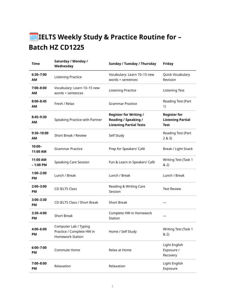 IELTS Weekly Routine for Batch HZ CD1225 | PDF | International English ...
