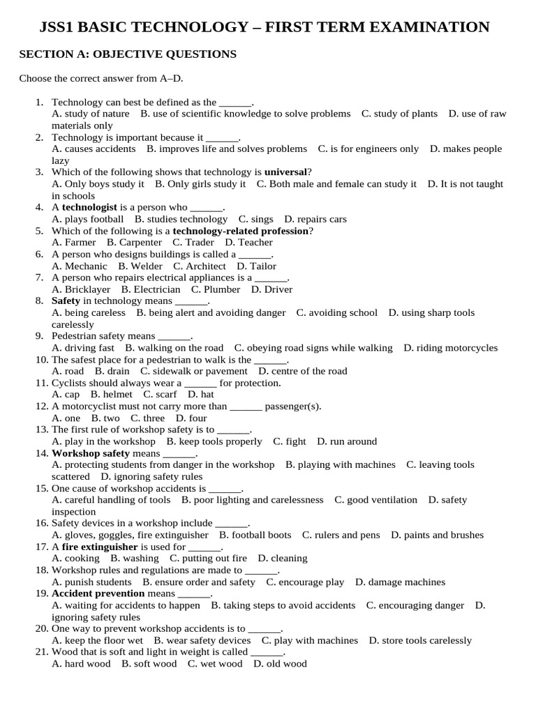 JSS1 Basic Technology Exam Guide | PDF | Wood | Metals