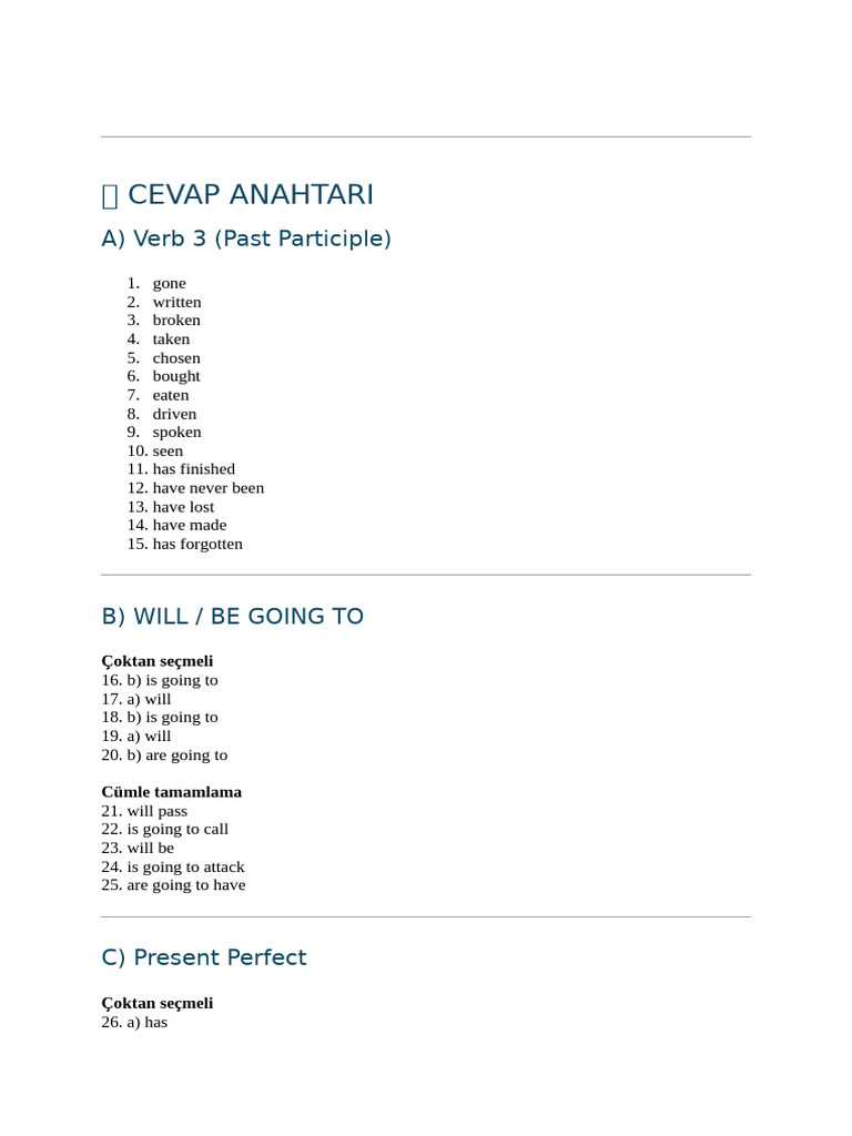 English Verb Tenses Answer Key | PDF