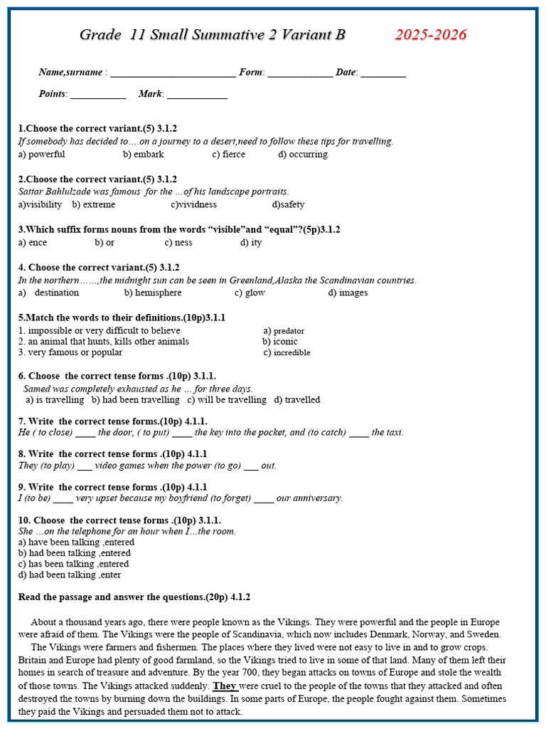 Grade 11 Summative Assessment 2025-2026 | PDF | Vikings