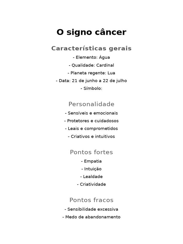 Características do Signo Câncer: Personalidade e Saúde | PDF