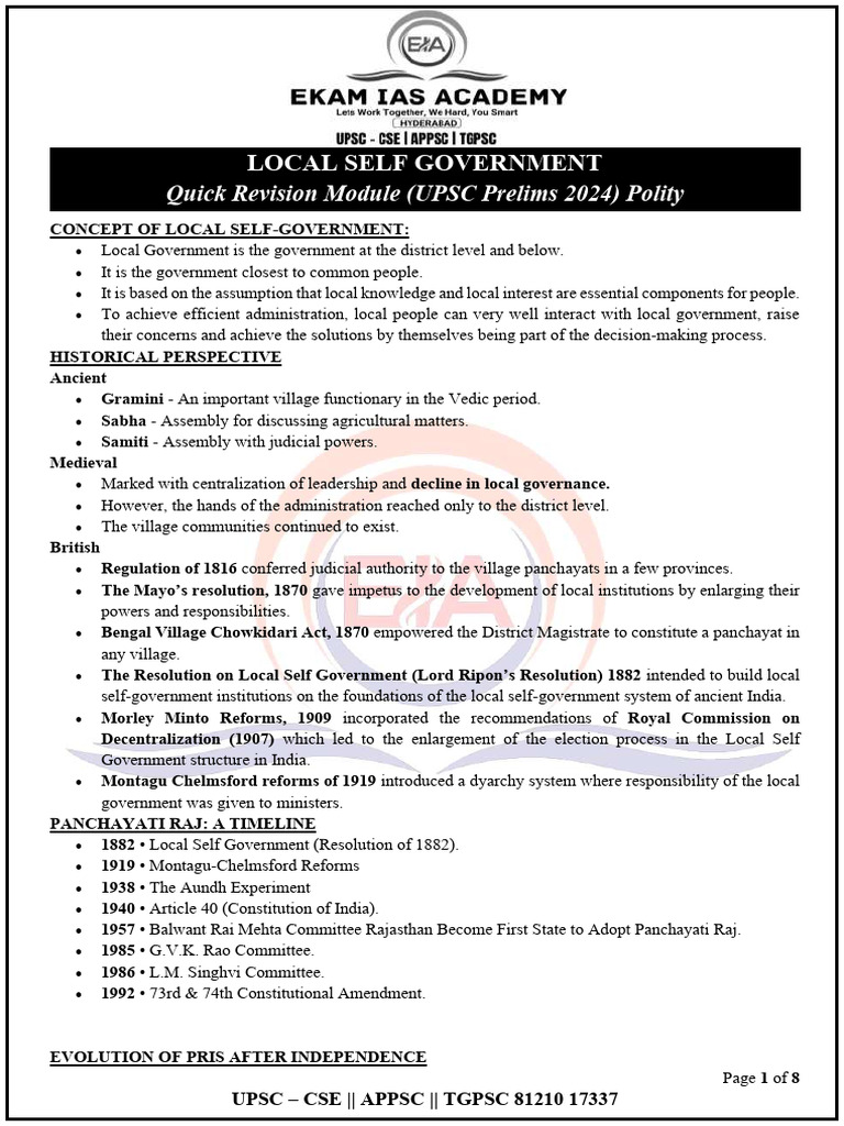 Local Self Government Overview for UPSC | PDF | Government Of India ...