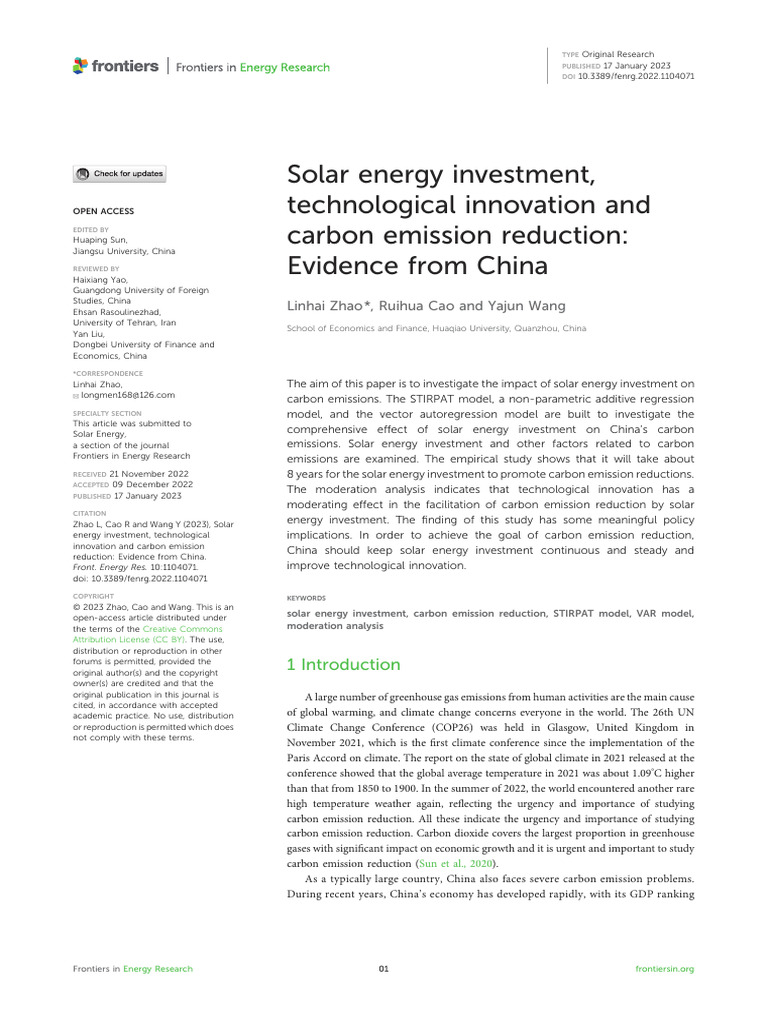 Solar Energy Investment, Technological Innovation and Carbon Emission ...