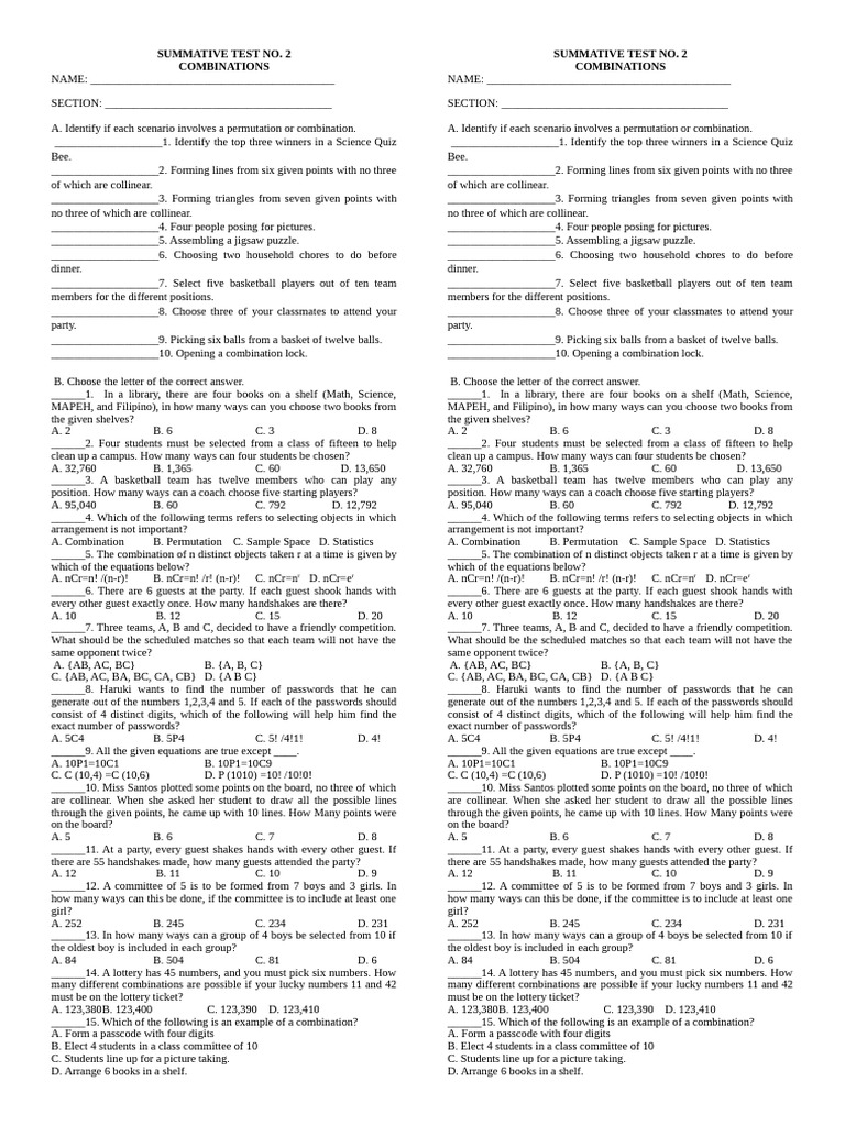 Combinations and Permutations Test | PDF | Mathematics