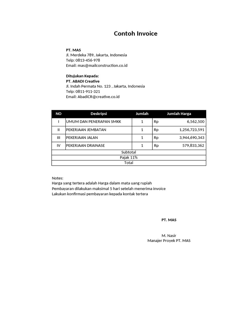 Contoh Invoice Proyek Konstruksi PT. MAS | PDF