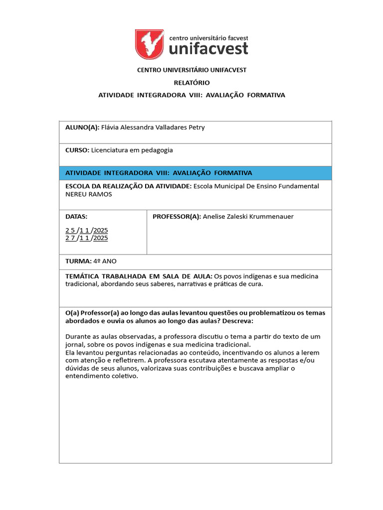 Avaliação Formativa em Aula de Pedagogia | PDF | Aprendizado | Lição