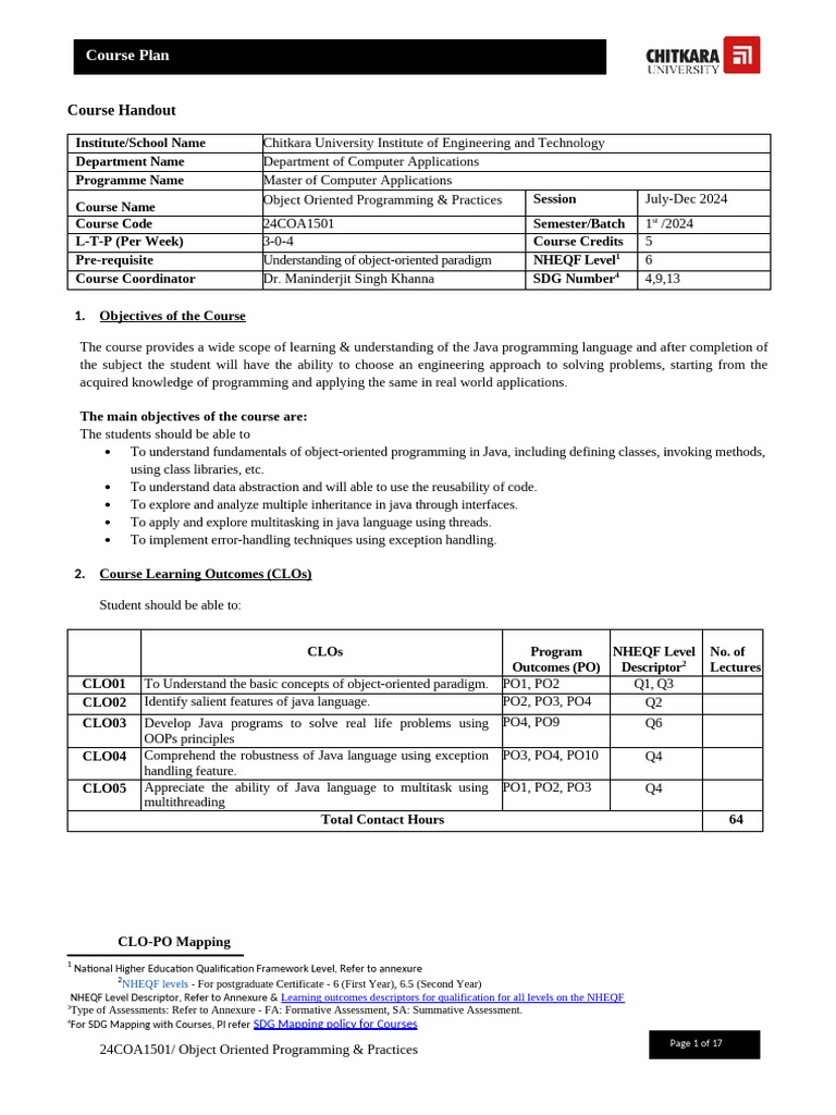 Object Oriented Programming Course Plan | PDF | Method (Computer ...