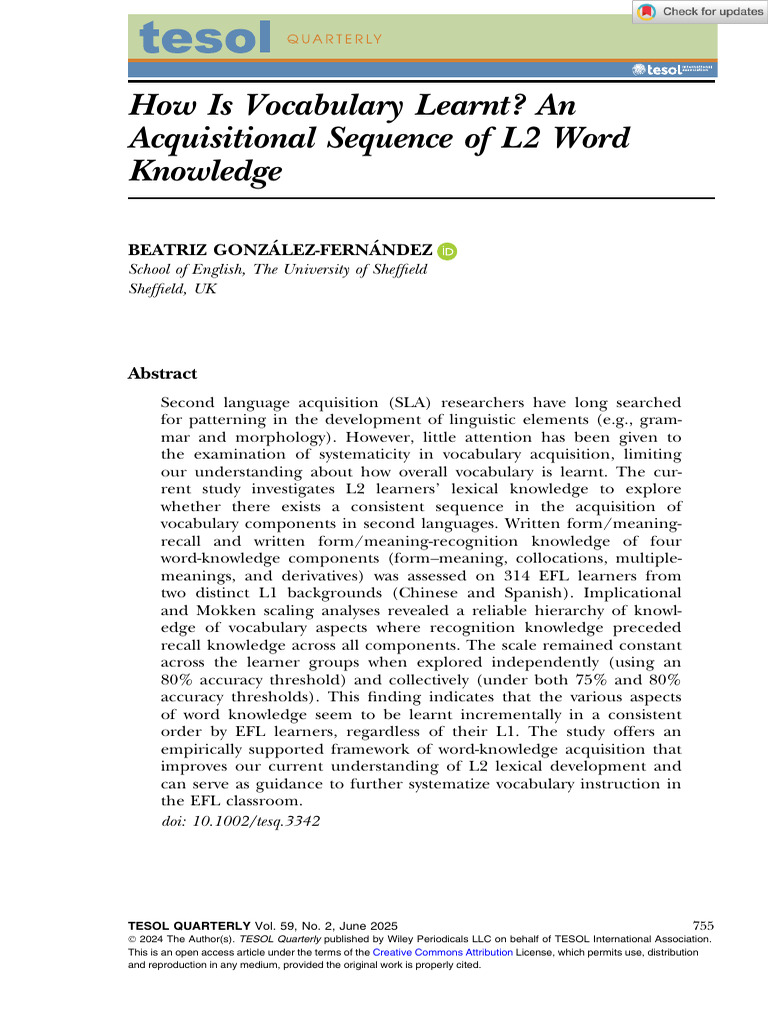 L2 Vocabulary Acquisition Sequence Study | PDF | English As A Second Or ...