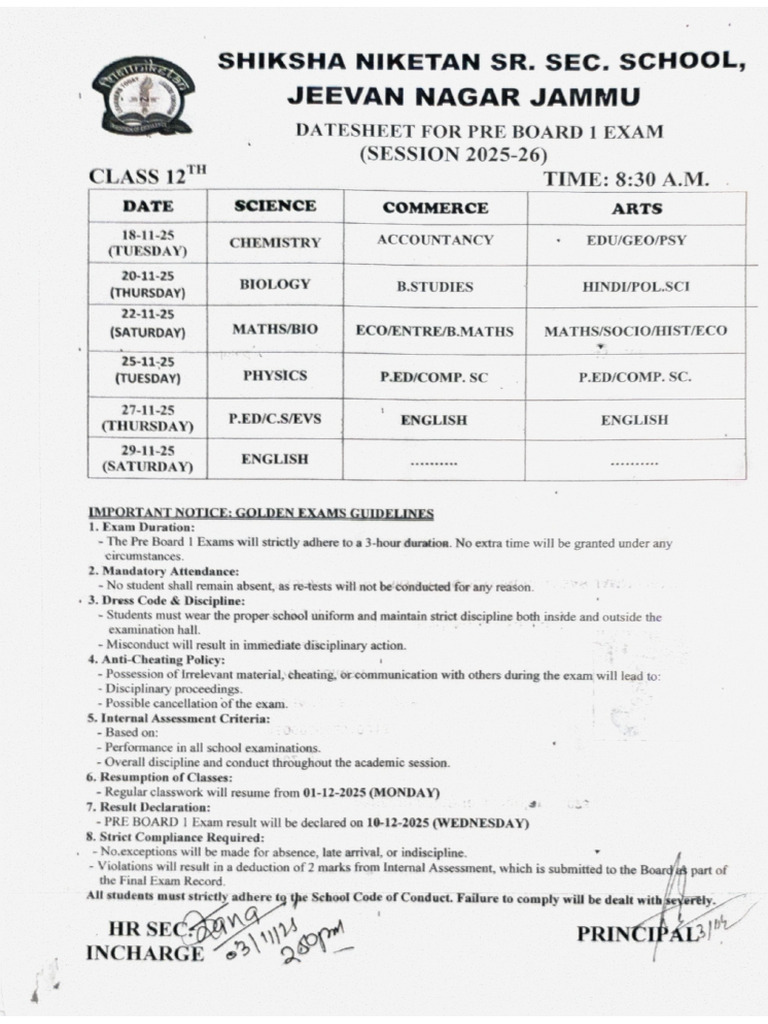 Class - 12th Pre Board 1 Exam | PDF