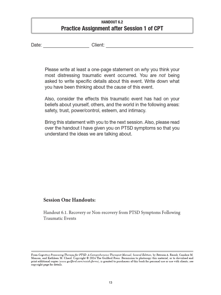 CPT Session 1 Handouts 2nd Edition | PDF | Psychological Trauma ...
