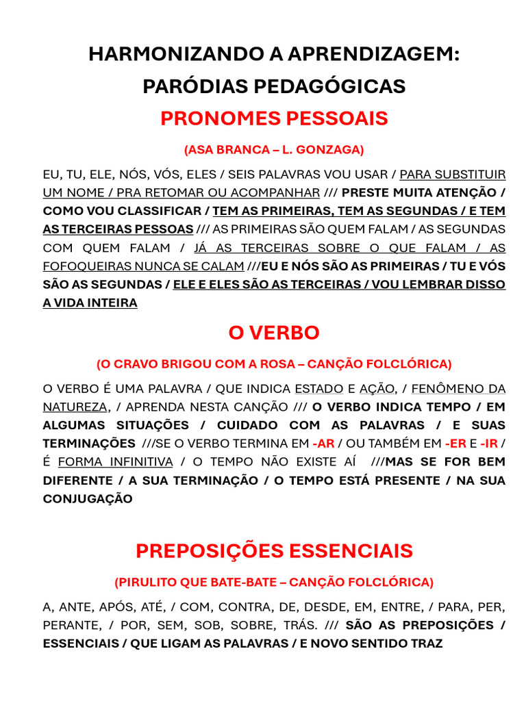 Paródias Pedagógicas: Pronomes e Verbos | PDF | Pronome | Famílias ...