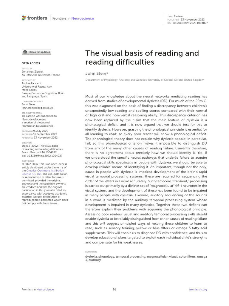 The Visual Basis of Reading and | PDF | Visual System | Dyslexia