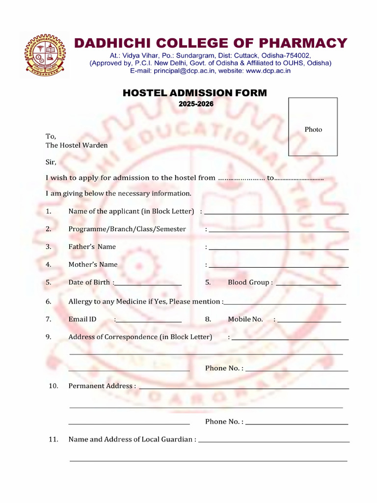 Hostel Admission Form 2025-2026 | PDF