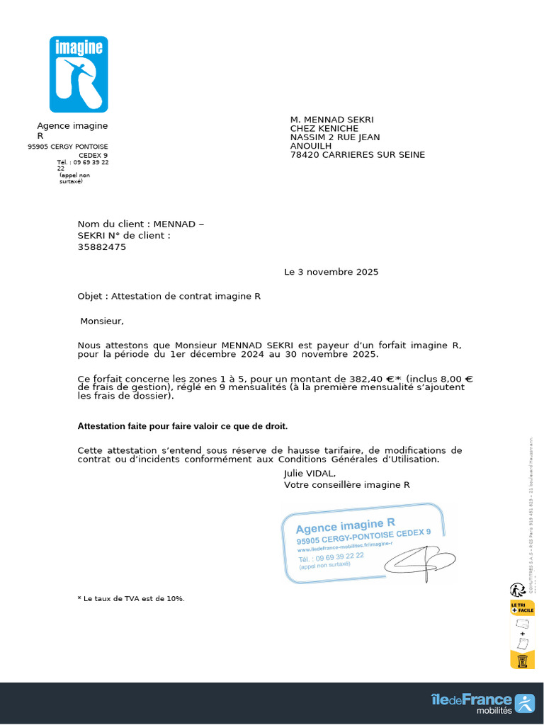 Attestation de contrat Imagine R 2025 | PDF