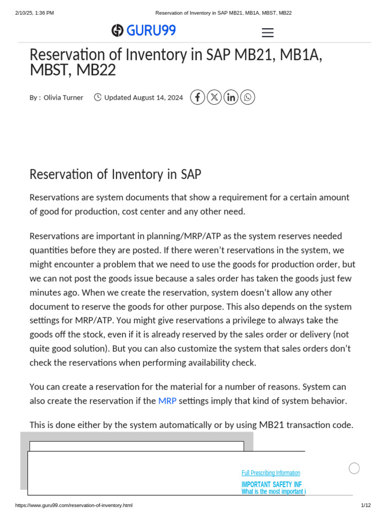 SAP Inventory Reservation Guide: MB21, MB1A | PDF | Inventory | Business