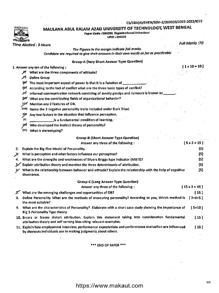 Bba 2 Sem Organizational Behaviour Bba202 2023 | PDF