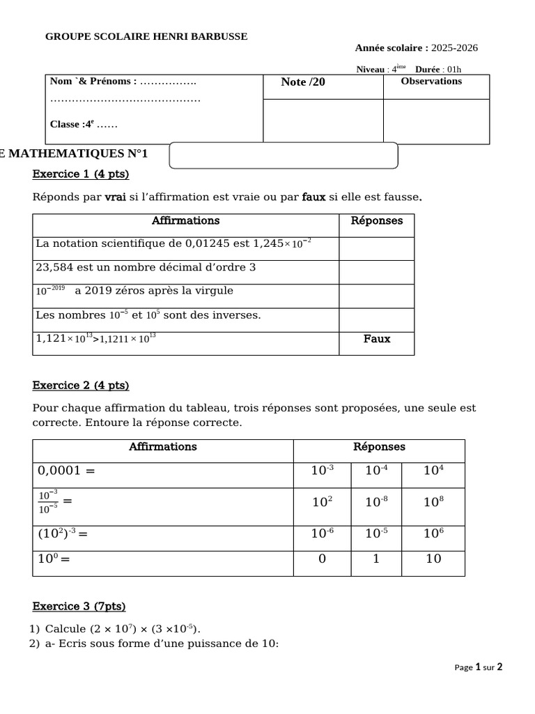 Devoir 4e Nombres Decimaux | PDF