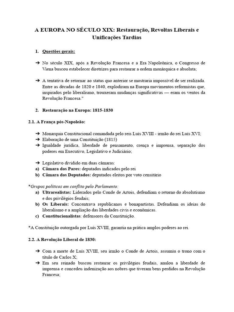 Revoluções e Unificações na Europa do Século XIX | PDF | Liberalismo ...