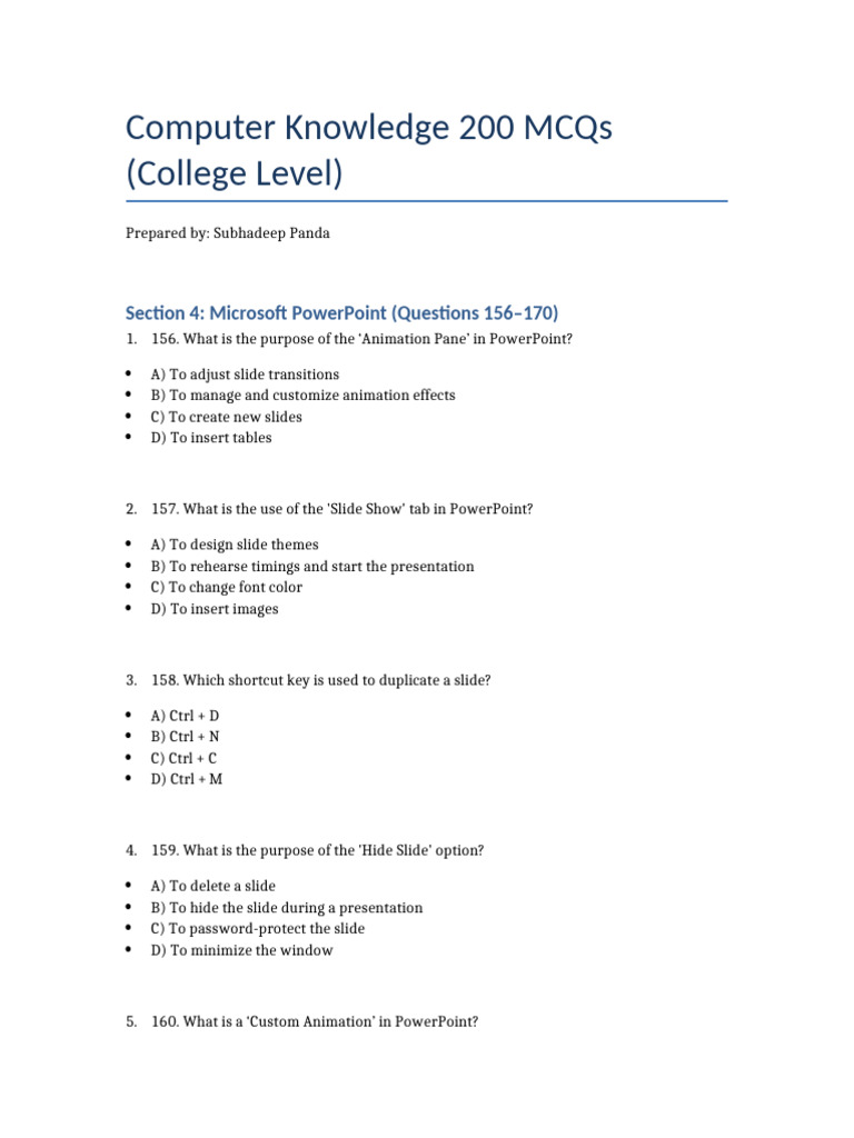Microsoft PowerPoint MCQs for College | PDF | Microsoft Power Point ...