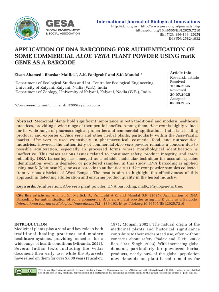 DNA Barcoding for Aloe Vera Powder Authentication | PDF | Polymerase ...