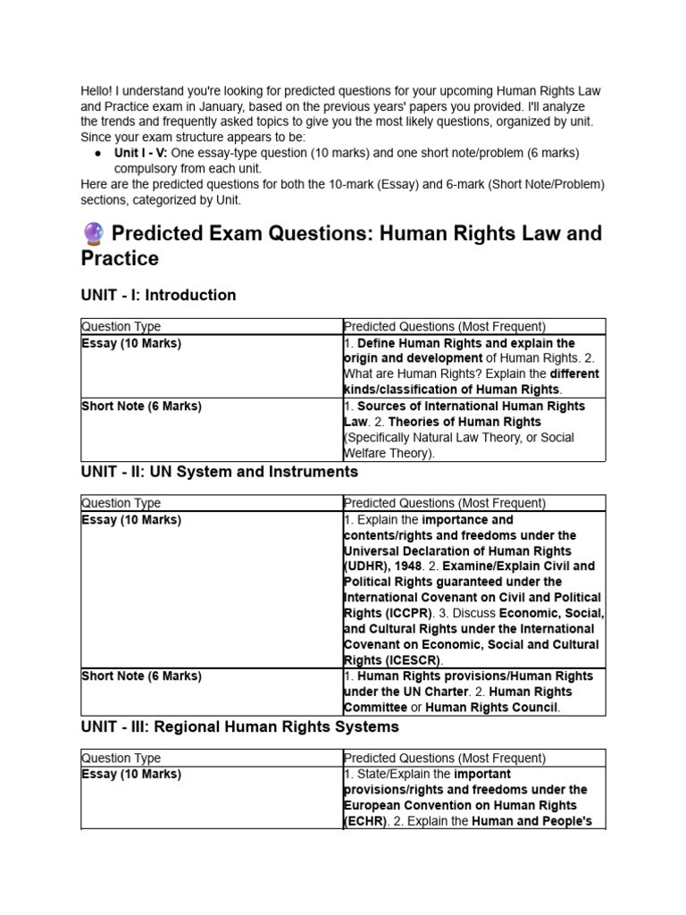 Predicted Questions for Human Rights Exam | PDF | Human Rights ...