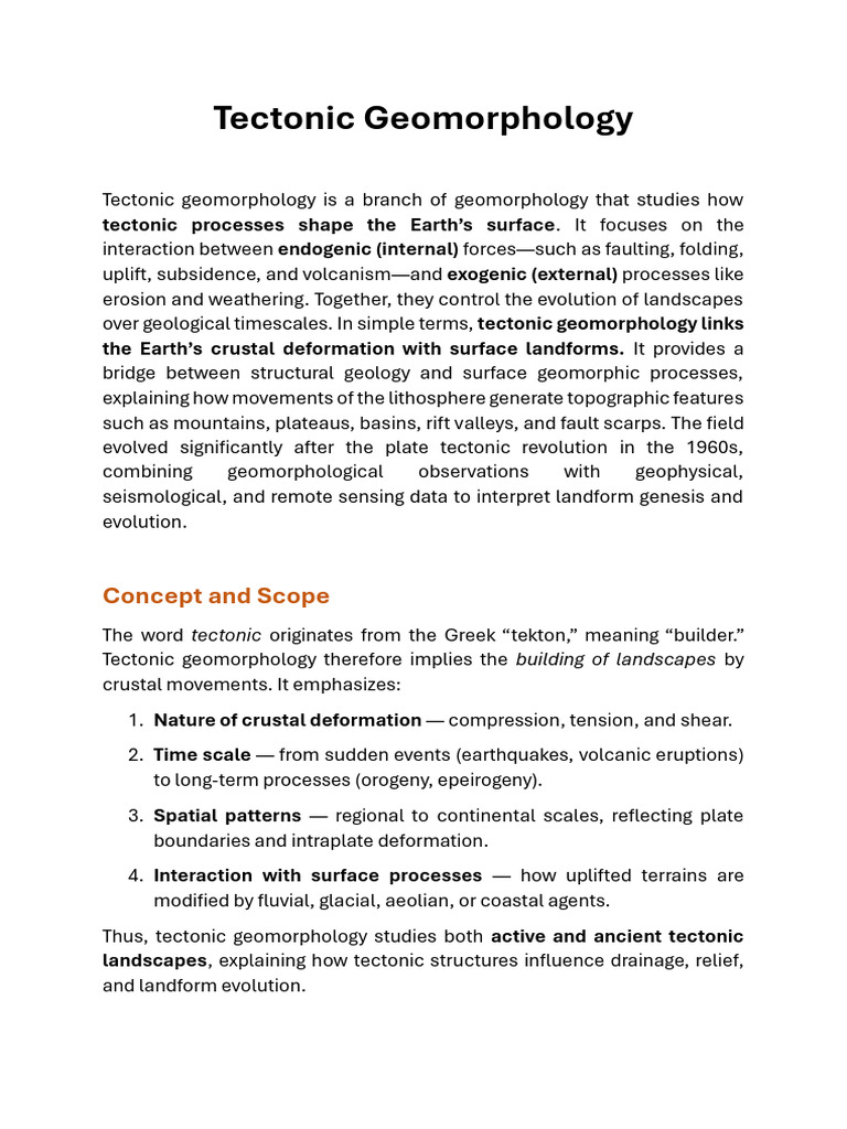 Tectonic Geomorphology Explained | PDF | Geomorphology | Fault (Geology)